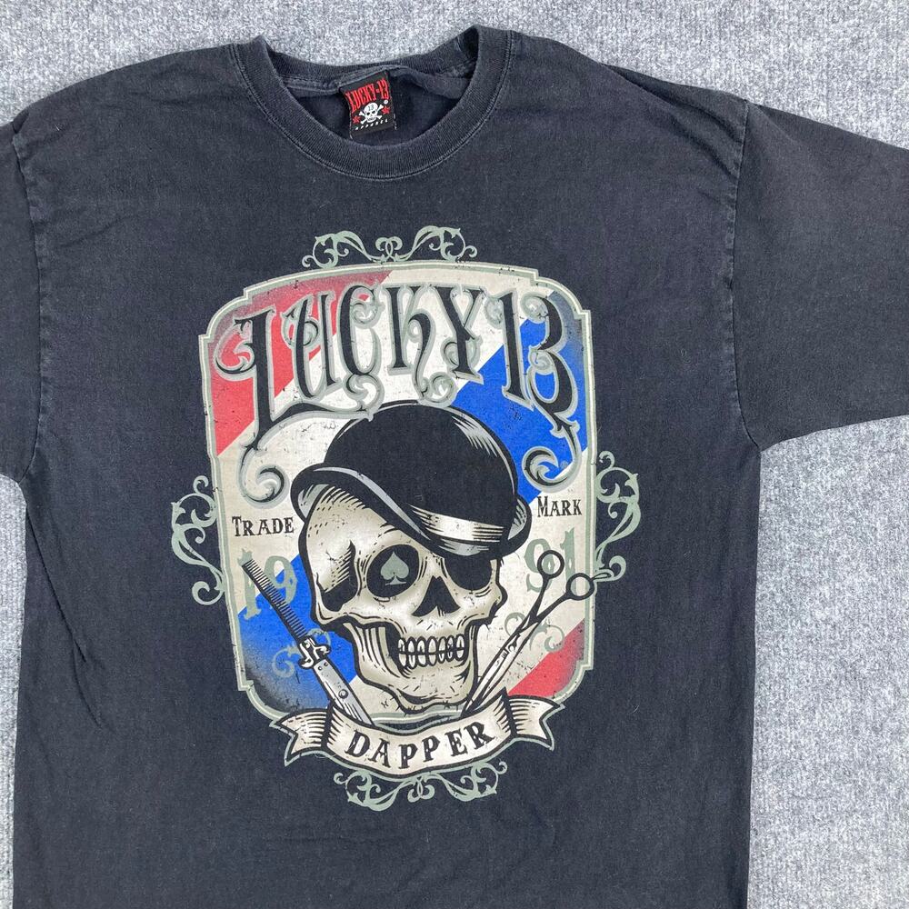 Lucky 13 T-Shirt Mens L Black Graphic Tee Skull Tattoo Punk Rock Biker Dapper
